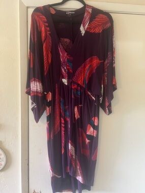 Express Deep Purple kimono style  Dress with Red Feather Motif